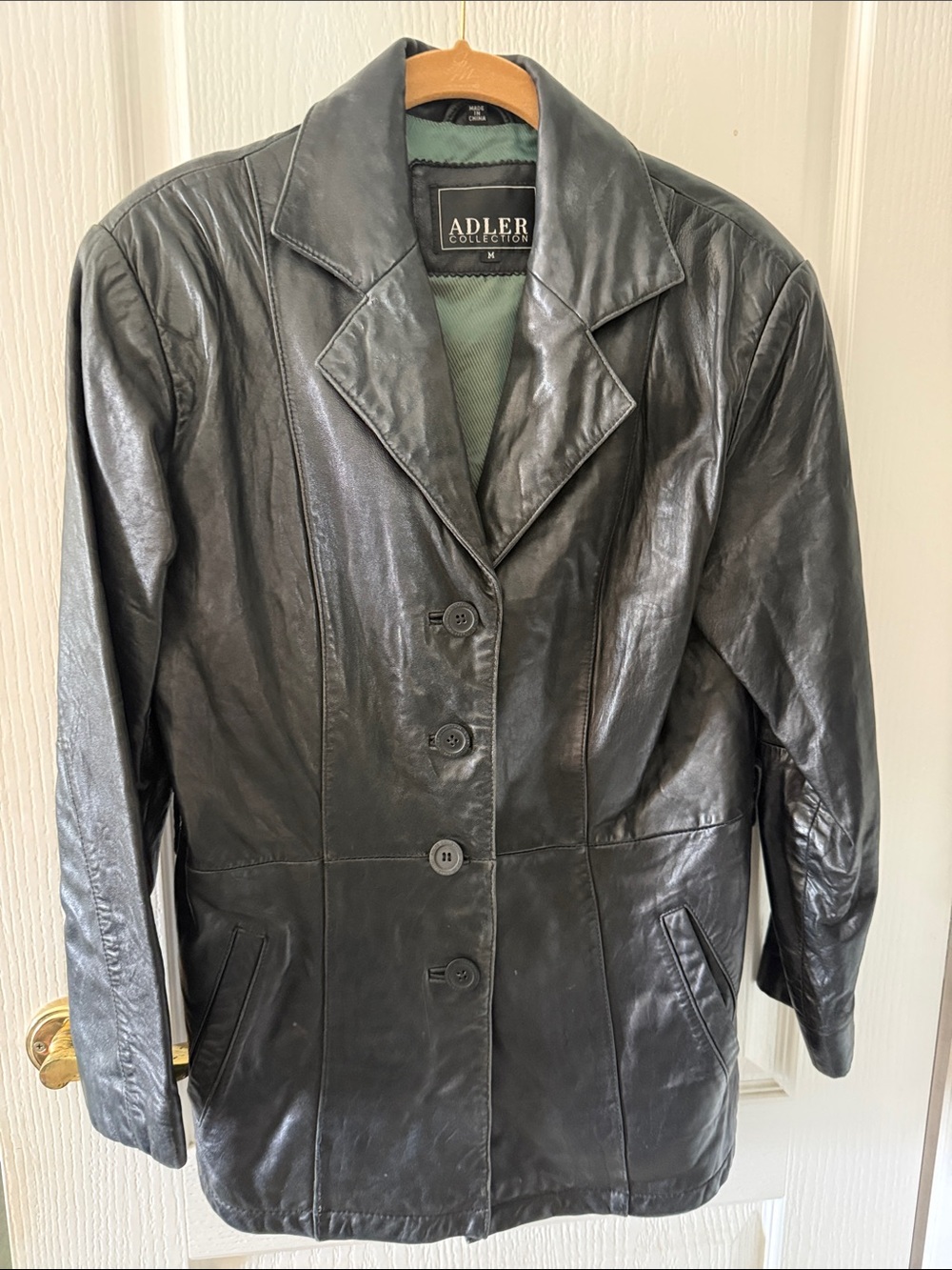 Women's Vintage Black Leather Button-Up Coat, Size Medium